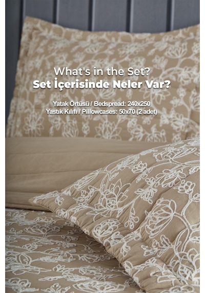 Evlen Home Perla Nakışlı Yatak Örtüsü Seti Çift Kişilik Pamuklu Elyaf Dolgulu Yumuşak 3 Parça Günlük Bej Bej