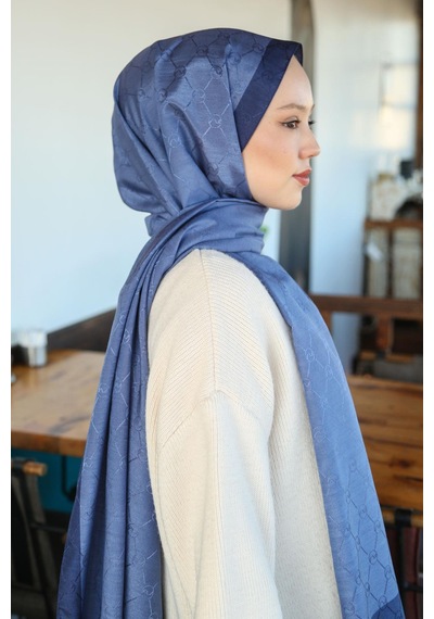 Premium Lux Original Monogram Şal İpek Vual, Yüksek Kalite, Hafif, Rahat, Şık, Tesettür, Shawl Mavi Lacivert Şeritli