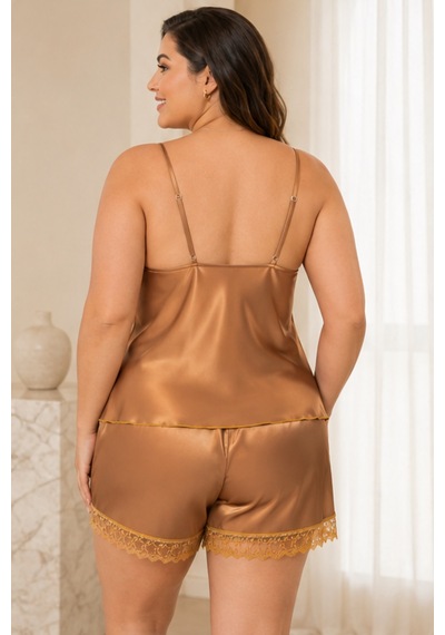Loule Büyük Beden Altın İnce Askılı Dantelli Saten Şortlu Pijama