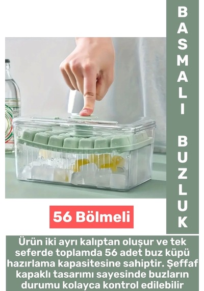 Dayanıklı Sert Plastik Zahmetsiz Bpa İçermez Şeffaf Kapaklı Hazneli 56 Bölmeli Basmalı Pratik Buzluk Çok Renkli