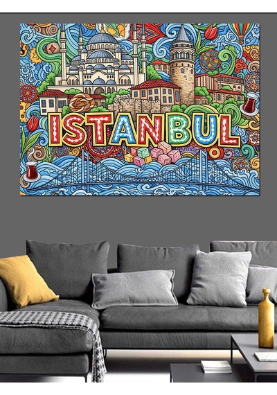 Ahşap Tablo Renkli İstanbul Yazılı Şehir Kolajı