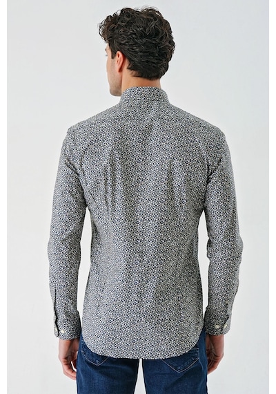 İmza Koyu Lacivert Uzun Kollu Baskılı Düğmeli Yaka Cepsiz Biyeli Pamuklu Likralı Slim Fit Gömlek 1004240141-koyu Lacivert Koyu Lacivert