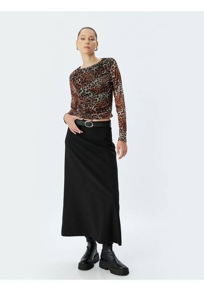 Koton Tül Bluz Leopar Desenli Uzun Kollu Drapeli Slim Fit Siyah Desenli 5wal10587ık Siyah