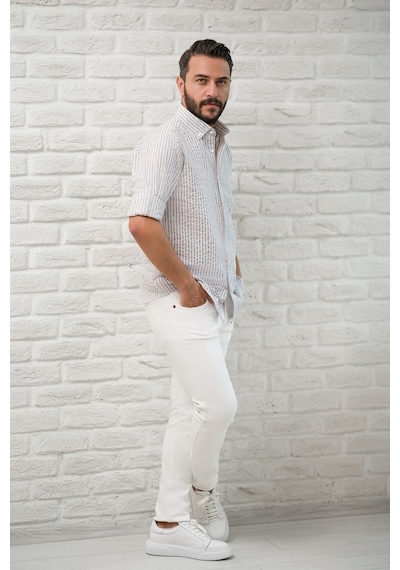 Slimfit Fit Yaka Düğmeli Çizgili Yazlık Gofre Kumaş Erkek Gömlek Gri