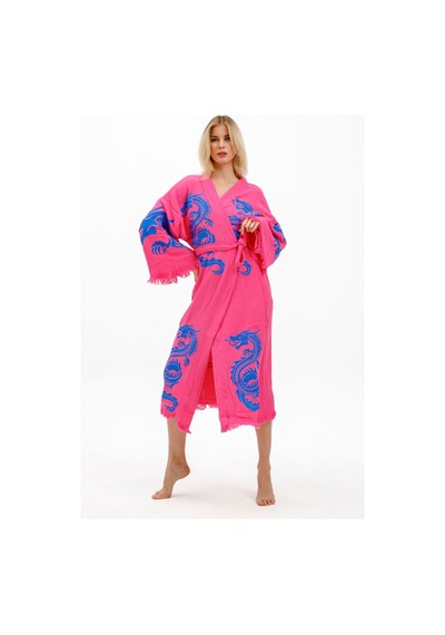 Befera Dragon Müslin Kimono Pamuklu Ejderha Baskılı Desenli Bornoz Kaftan Sabahlık Fuşya