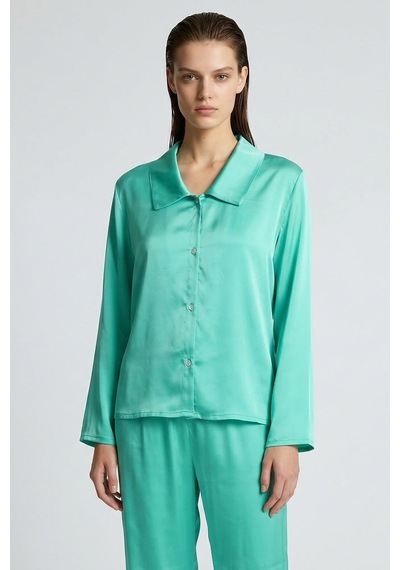 Amoris Turkuaz Uzun Saten Pijama Takımı