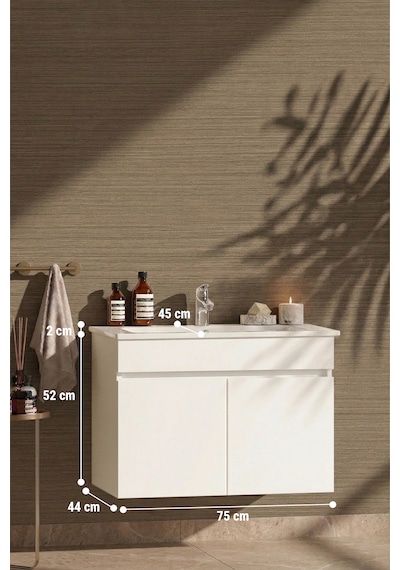 Lotus 75 Cm Beyaz Mdf Seramik Lavabolu Asma Banyo Alt Dolabı