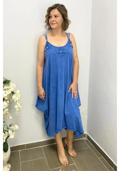 Mia Butik Büyük Beden Mavi Pamuklu Şalvar Kesim Çiçekli Elbise Mavi