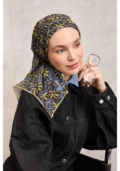 Silk Home Pamuk Polyester Soft Eşarp Hardal Flora Desenli Kaymaz Dokulu 90x90 Çok Renkli