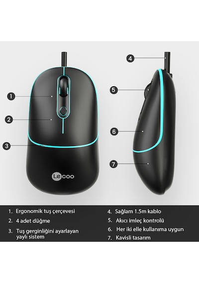 Lecoo MS110 USB Kablolu RGB 2400DPI 4 Tuşlu Sessiz Click Optik Mouse