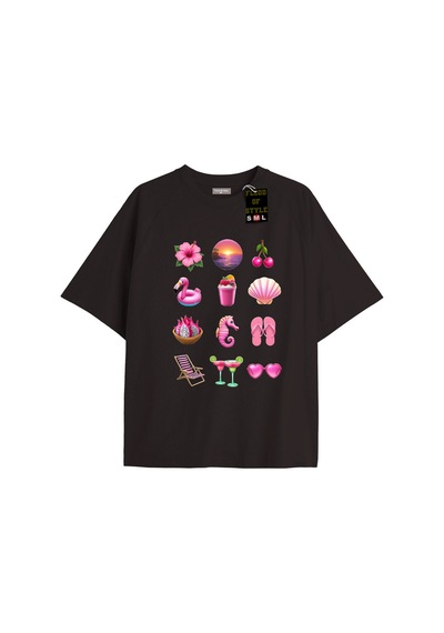Flood Of Style Siyah Oversize T-shirt Emoji Pink Özel Tasarım