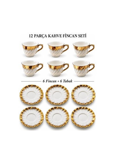 Valkyrie Aurora Serisi 12 Parça 6 Kişilik Beyaz Gold Detaylı Türk Kahvesi Fincan Takımı Beyaz Altın