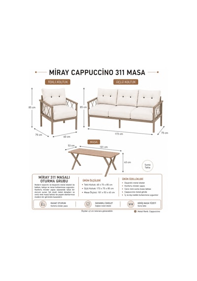 Miray Cappuccino 311 Masalı Bahçe & Balkon Oturma Grubu 3+1+1 Metal İskelet, Antrasit Minderli