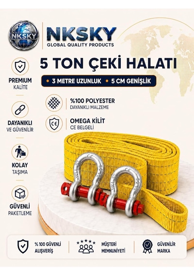 5 Ton Araç Çekme Halatı 3 Metre 5 Cm Genişlik Ce Belgeli Omega Kilit Oto Çeki Halatı Sarı