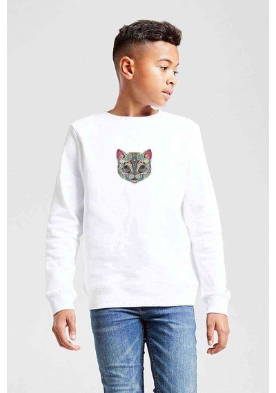 Tshirthane Cat Renkli Hayvan Çok Renkli Kedi Baskılı Unisex Çocuk Beyaz Swe Beyaz