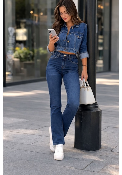 Cedy Denim Kadın Boru Paça Yüksek Bel Regular Fit Likralı Pantolon Mavi