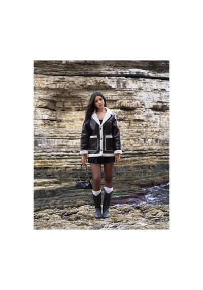 Verymoda Siyah Deri Kürklü Mont F1537 Kahve Krem