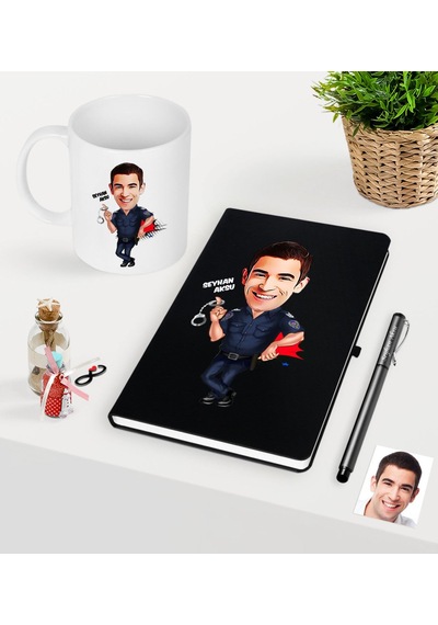 Kişiye Özel Bay Polis Karikatürlü Siyah Defter Kalem Kupa Seti - N11.2704 Siyah