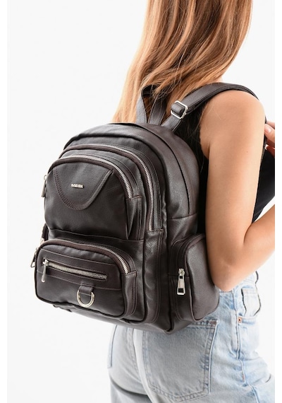 Baginn Suni Deri Kadın Sırt Çantası 38 28 Cm Mega Bag Günlük Kullanıma Uygun Çok Cepli İçi Astarlı Kahverengi