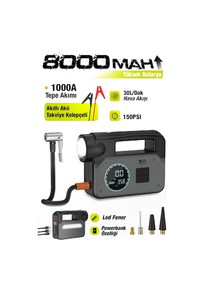 7go 7a2 8000mah Akü Takviyeli Hava Pompası 1000a Jump Starter, 150 Psı Dijital Lastik Şişirme Kompre