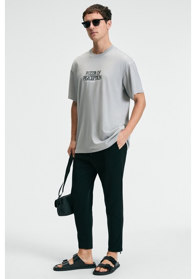 Grımelange FEAST Erkek %100 Pamuk Oversize Fit Baskılı Kısa Kollu Yuvarlak Yakalı Açık Gri T-Shirt