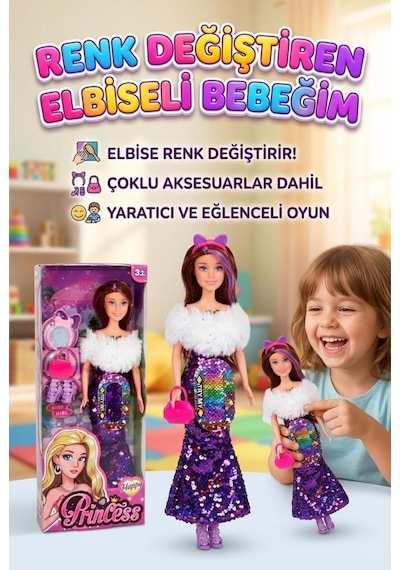 Happy Princess Renk Değiştiren Pullu Elbiseli Oyuncak Bebek - 30 Cm - Aksesuarlı Modaya Uygun Bebek Mor