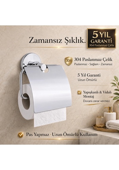 Alper Banyo Kapaklı Tuvalet Kağıtlığı, 304 Paslanmaz Çelik, Krom Kaplama Wc Kağıtlık, Yapışkanlı Ve Vidalı Diğer