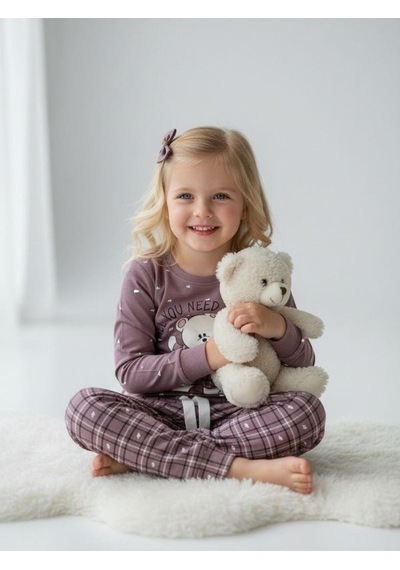 Kız Çocuk Pamuklu Ekose Desenli Ayıcıklı Pijama Takımı-16826 Mor