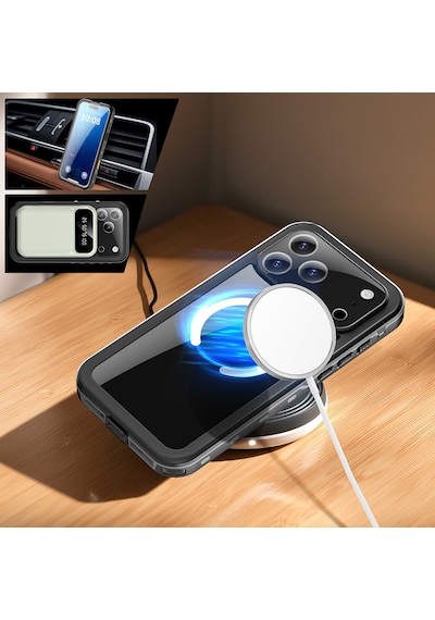 Apple Uyumlu iPhone 17 Pro Kılıf 360 Ön Ve Arka Koruyucu Su Geçirmez 1-1 Magsafe Pc+tpu Zırhlı Kapak Siyah