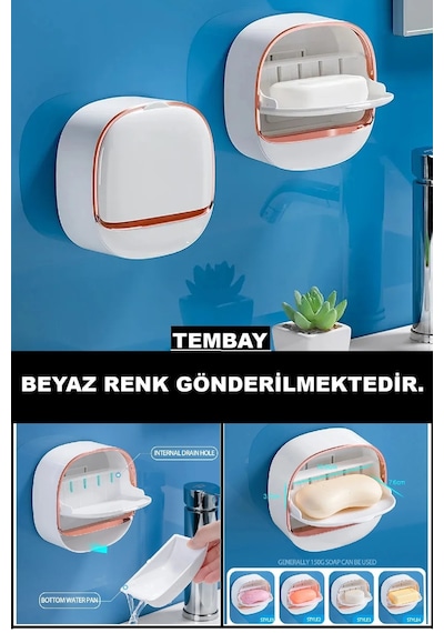 Beyaz Yapışkanlı Modern Sabunluk Kapaklı Kendinden Boşaltmalı Su Tutmaz Katı Sabunluk 1 Adet Beyaz
