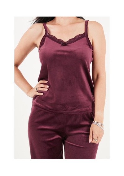 Lela Regular Fit Dantelli Yumuşak Dokulu Sabahlıklı Kadife Pijama Takımı Kadın Pijama Takımı 6095545 Mürdüm MÜRDÜM