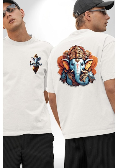 Hindu Fil Bereket Tanrısı Beyaz Oversize Unisex Ön Ve Sırt Baskılı Tişört Beyaz