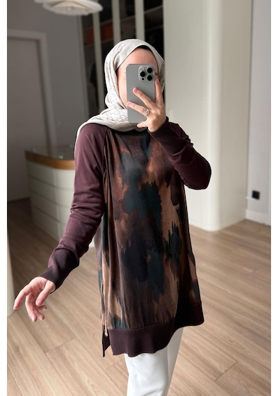 Kahijab Yan Fermuarlı Desenli Boğazlı Merserize Tunik - Kahverengi