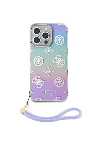 Apple Uyumlu iPhone 15 Pro Max Kılıf Guess Lisanslı Desenli Yazı Logolu Askı İpli Holografik Glitter Peony Siyah