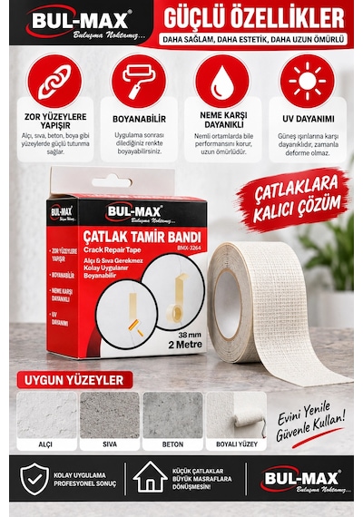 Çatlak Tamir Bandı 38 Mm X 2 Metre Boyanabilir Neme Ve Uv Ye Dayanıklı Duvar Onarım Bandı