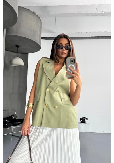 Defymoda Gold Düğmeli Keten Yelek - Yeşil Yeşil