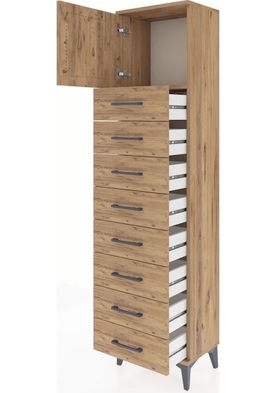 Arges Dolap Tek Raflı 8 Çekmeceli Tek Kapaklı 44x30x182 Çam-çam Çam
