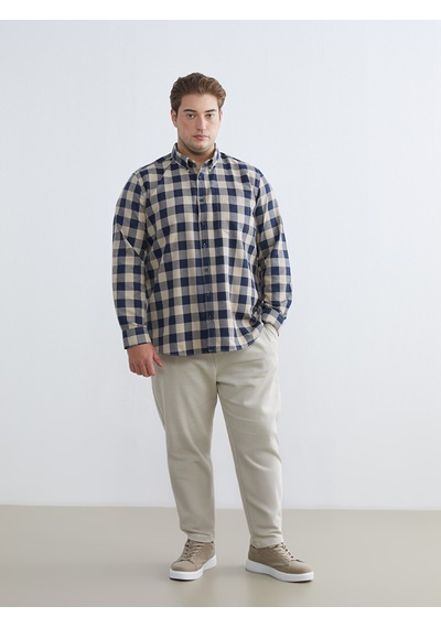 Lcwaıkıkı Classic Bej Büyük Beden Regular Fit Uzun Kollu Ekose Gabardin Erkek Gömlek