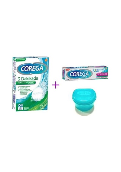 Corega 3 Dakikada Protez Temizleyici 30'lu + Corega Tat İçermez Protez Yapıştırıcı 40 G +Protez Kabı