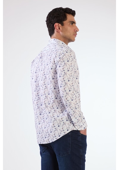 Dufy Mavi Erkek Slim Fit Çiçek Desenli Brent Yaka Uzun Kol Gömlek - 104790 Mavi
