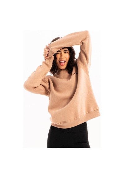 Justever Bisiklet Yaka Nakışlı Şardonlu İçi Polarlı Vizon Kadın Sweatshirt - Rigil Vizon