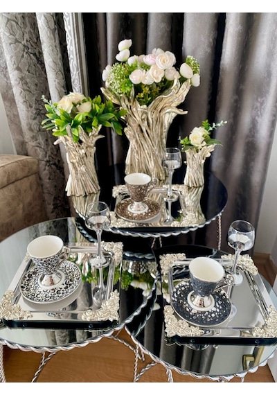 Atabey Home Collection 4 Adet Kahve & Çay & Sunum Tepsisi Metal Döküm Kare Gül Gümüş Model