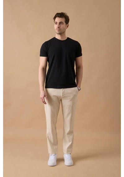 Braccas Erkek Bej Slim Fit Keten Karışımlı Çizgili Pantolon Bej
