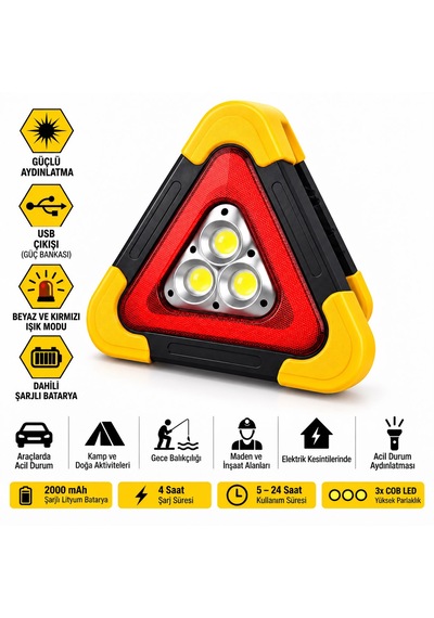 Hb-7709 2.000mah Çok Fonksiyonlu Cob Çalışma Lambası Usb Şarjlı Acil Durum Feneri Reflektör Güneş Enerjili Solar 180 Derece Dönebilen Tutma Kolu Powerbank Olarak Kullabilir Üçgen Park Lambası