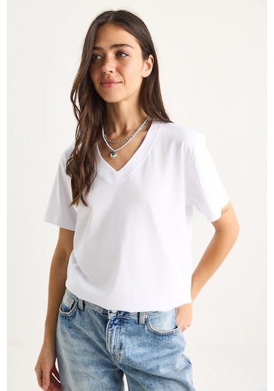 Shade Pamuk Derin V Yakalı Comfort Fit T-shirt 60602066 - Beyaz L