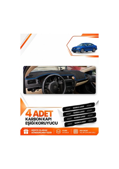 Volkswagen Jetta 2010-2018 Uyumlu Ön Torpido Koruma Kılıfı Halısı Örtüsü - Siyah Mavi