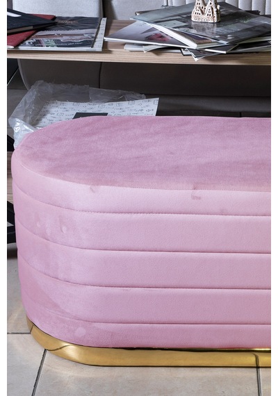 Lungo Long Line Pembe Puf- 90cm Gold Kaplama Kapitoneli Luxery Pofuduk Oturma Pufu&Makyaj Puff&Bench