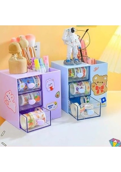 Masaüstü Kalemlik Organizer 7 Bölmeli Kawaii Kapaklı Mini Çekmeceli Kalemlik - Mavi