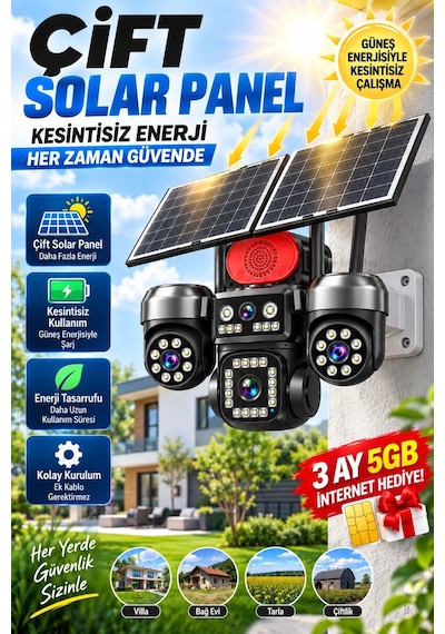 4g Solar Güvenlik Kamerası 4 Kameralı 3 Ptz Çift Solar Panel İnsan Takip Gece Görüş Siren Ip66