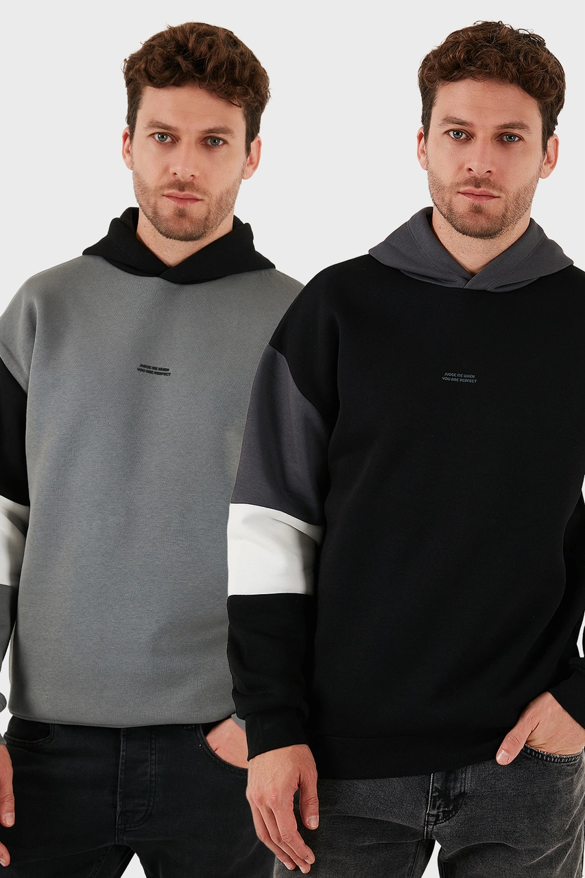 Buratti Pamuklu Relaxed Fit Kapüşonlu Içi Tüylü Yumuşak Şardonlu 2' Li Paket Erkek Sweat 5905299S2 Siyah-Açık Haki